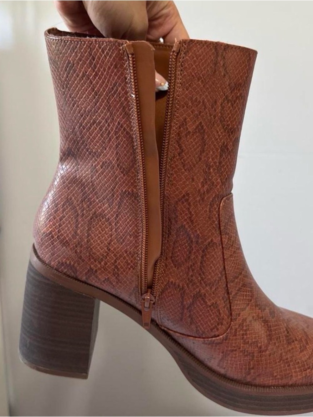Women's Brown Snake-Print Block Heel Ankle Boots